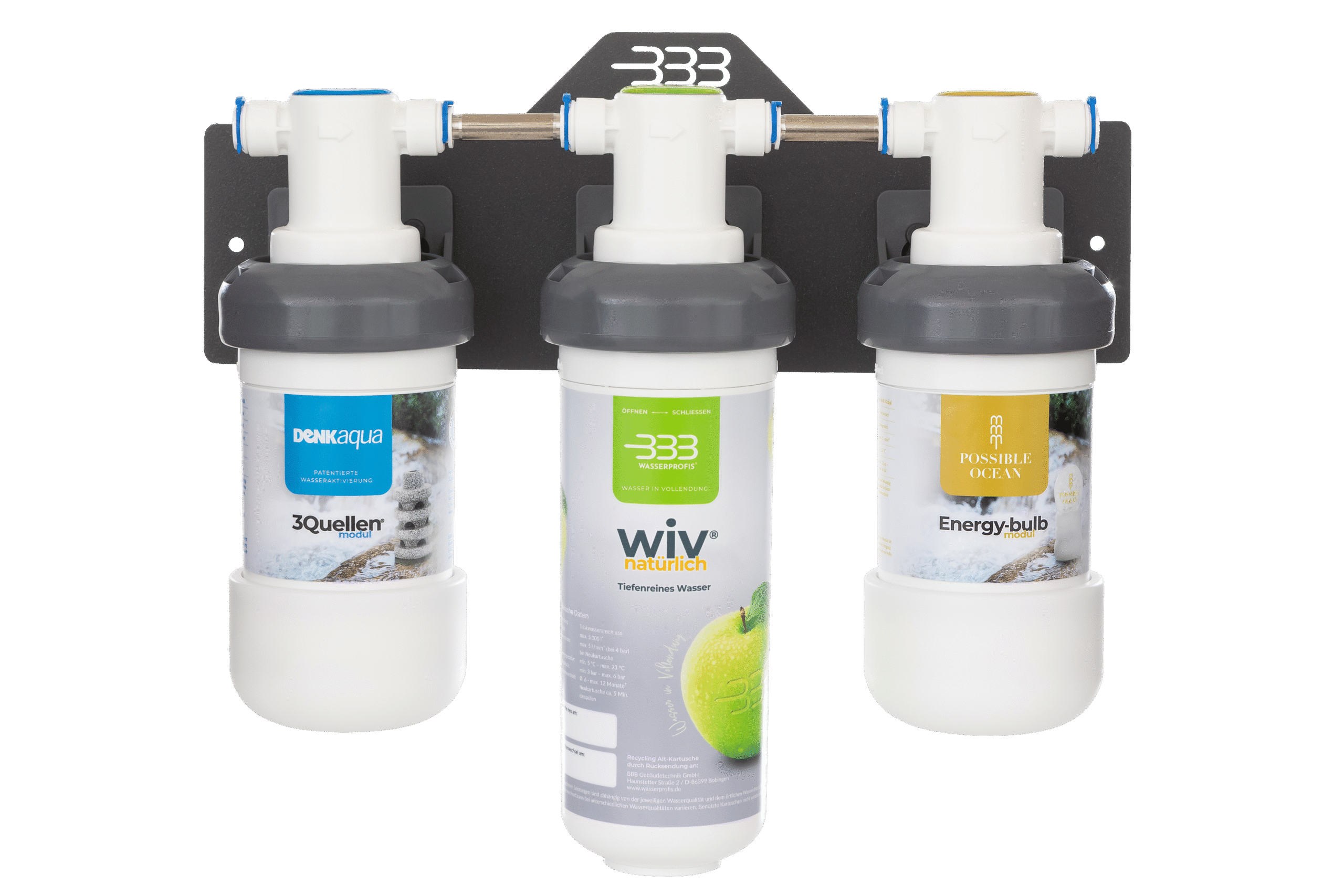 wiv® Küchenarmatur mit 2 getrennten Auslaufstellen aus reinem Edelstahl 3 wiv® 3er-Set mit 3Quellen® Wirbelstein & Energy-bulb